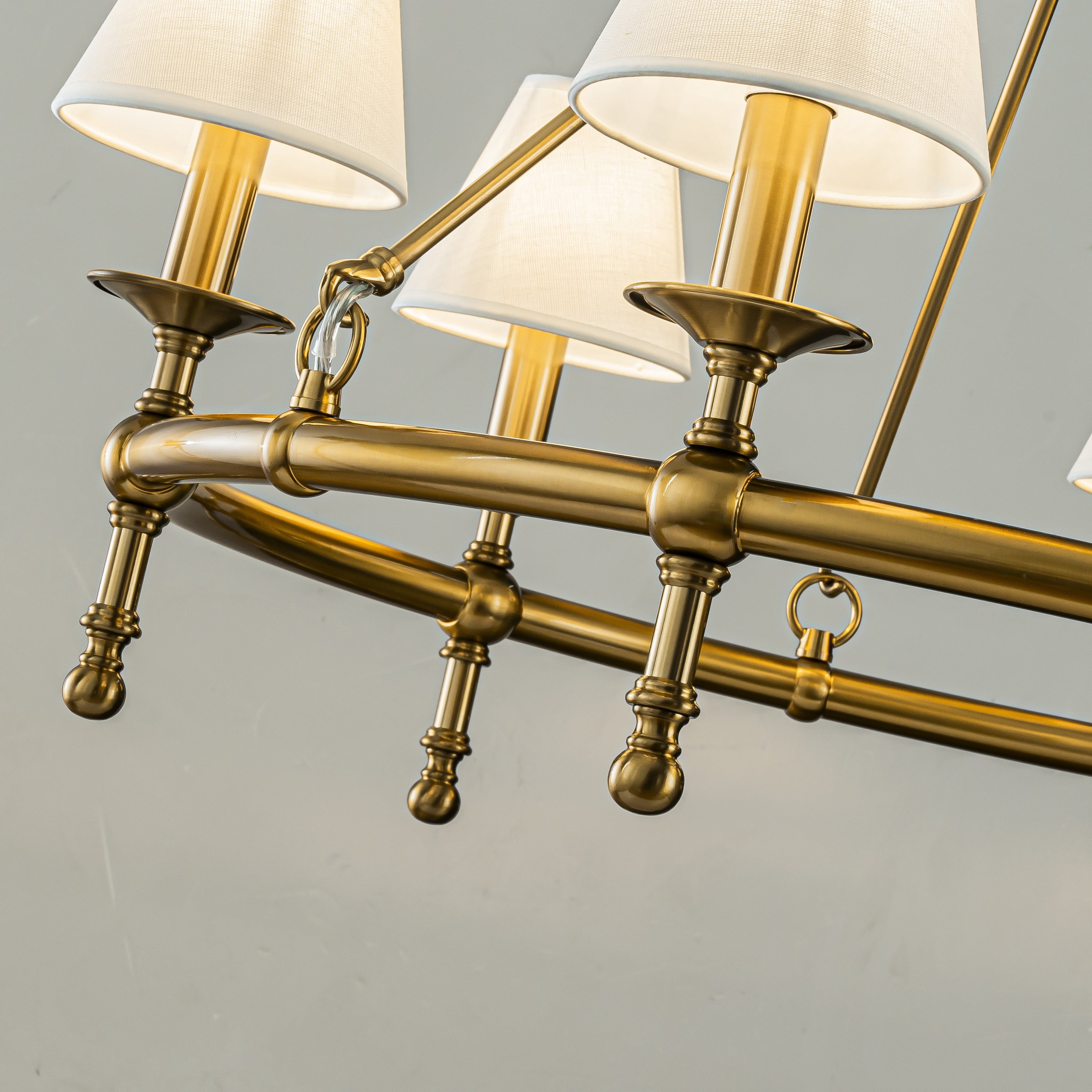 6-Light W34 in Vitage Brass Chandelier Untique Classic Lighting with White Fabric Lamp Shade for Dining Room