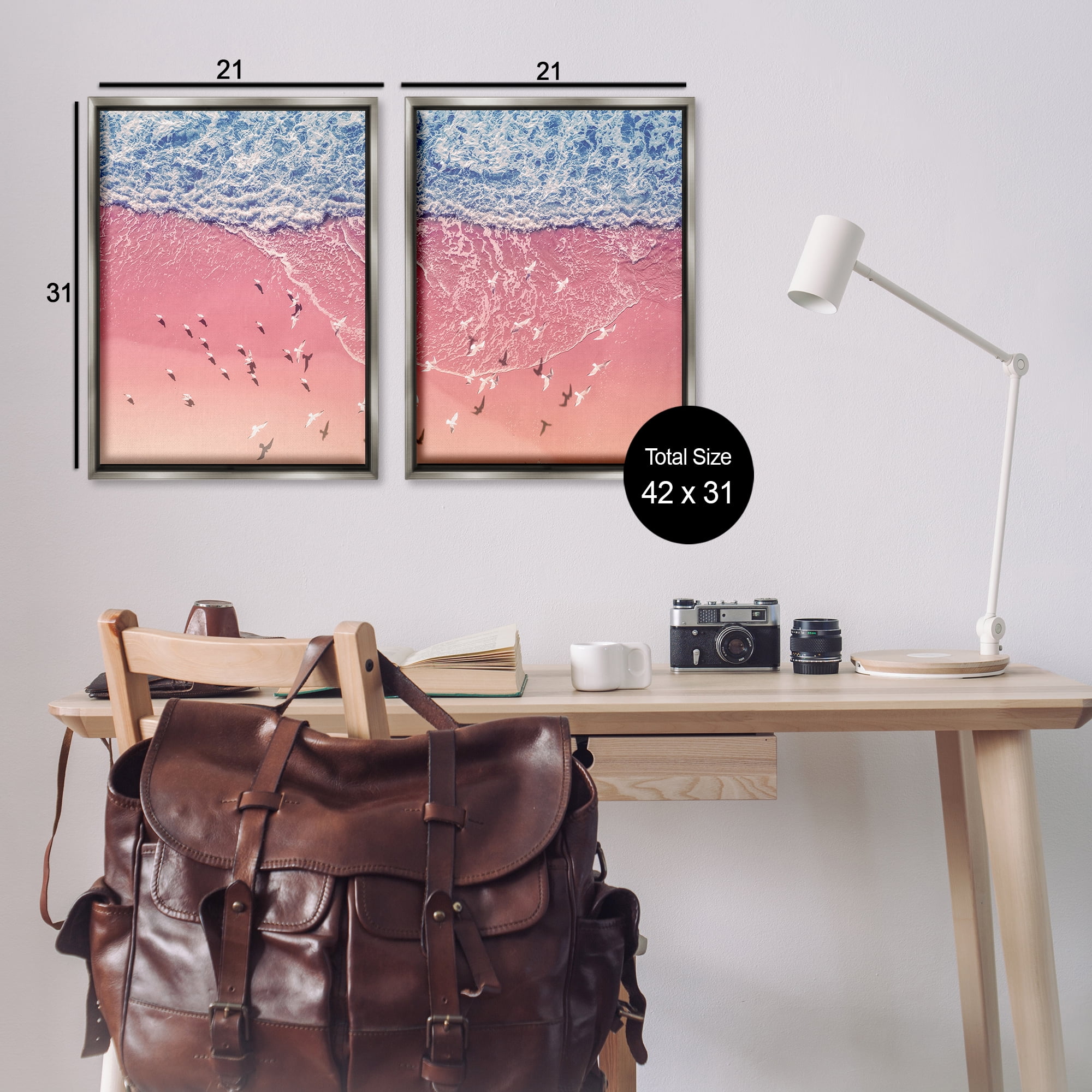 Stupell Industries Minimalist Aerial Beach Nautical & Beach Photography Gray Floater Framed Canvas Art Print Wall Art, 21 x 31, Set of 2
