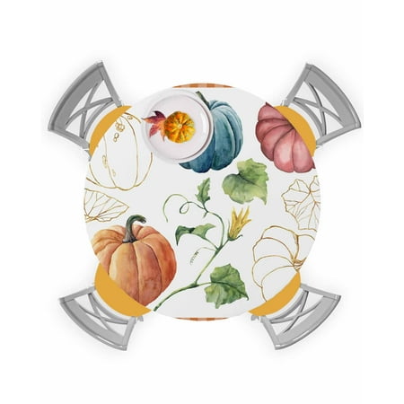 

Round Tablecloth with Elastic Fall Autumn Thanksgiving Day Colorful Pumpkin Orange Plaid Waterproof Stain-proof Table Cover Wipeable Fitted Table Cloths for 36 -44 Round Tables Dining Kitchen