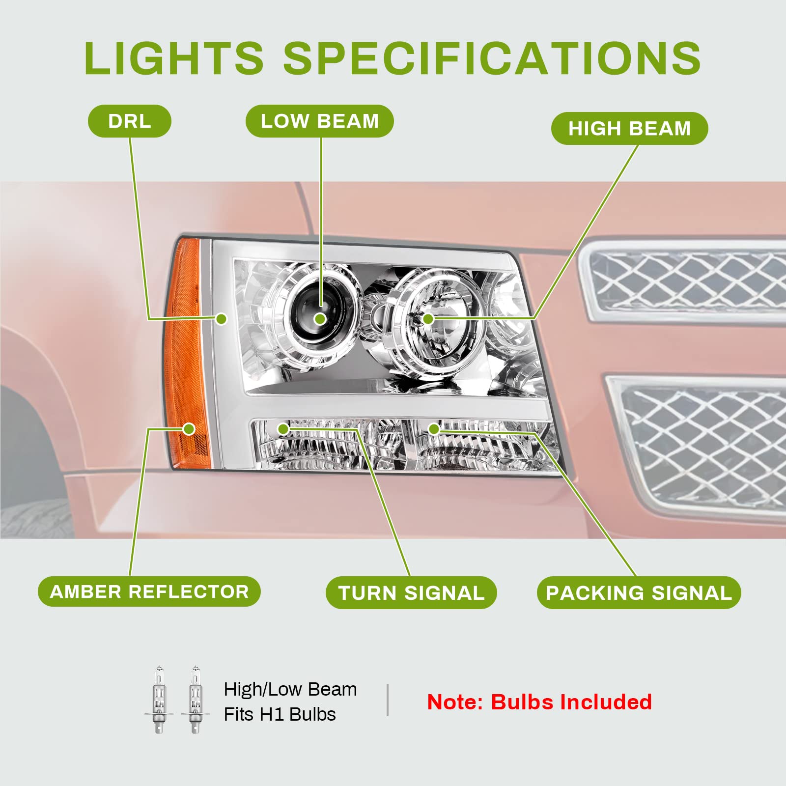 RVNI LED Tube DRL Projector Headlights For 2007-2014 Chevy Tahoe Suburban Avalanche