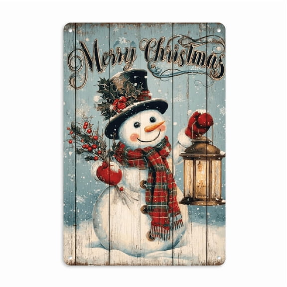 Christmas Snowman Metal Tin Sign 8x12inch Merry Christmas Vintage Painting Tin Signs Wall Plaque for Living Room Fireplace Office Desk Bedroom Coffee Table Party, 2D Flat