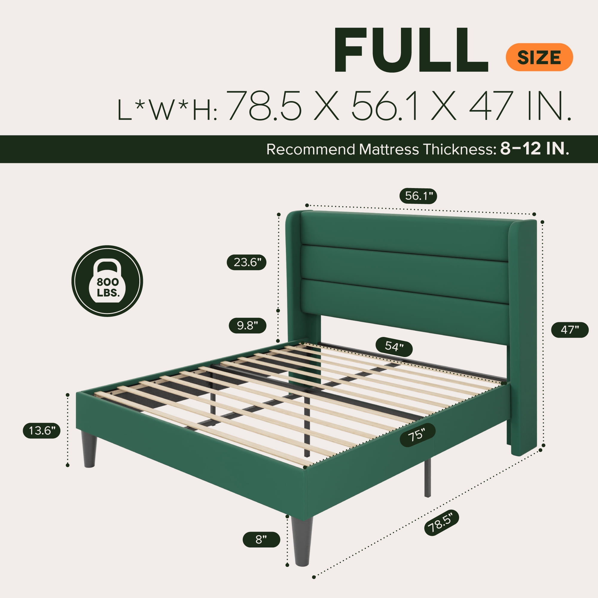 Einfach Full Size Luxury Velvet Upholstered Platform Bed Frame with Wingback Headboard, Green
