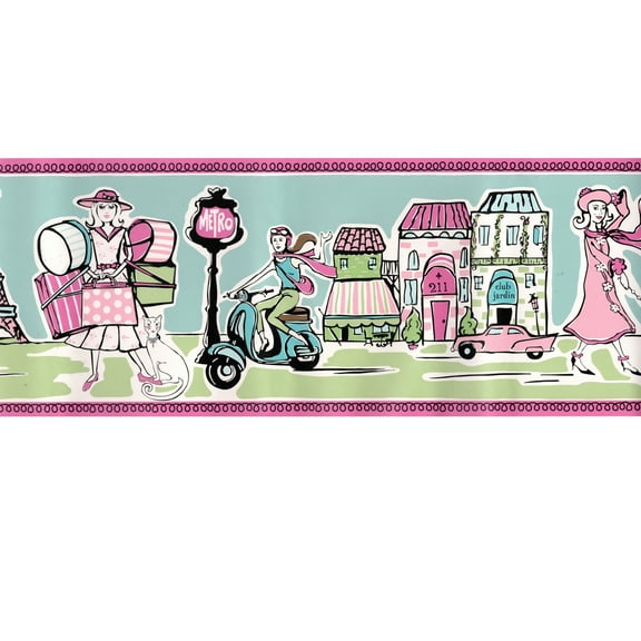 Trimz Paris Caf Parisian Kids Room Wallpaper Border, Pink, 15' L x 7" W