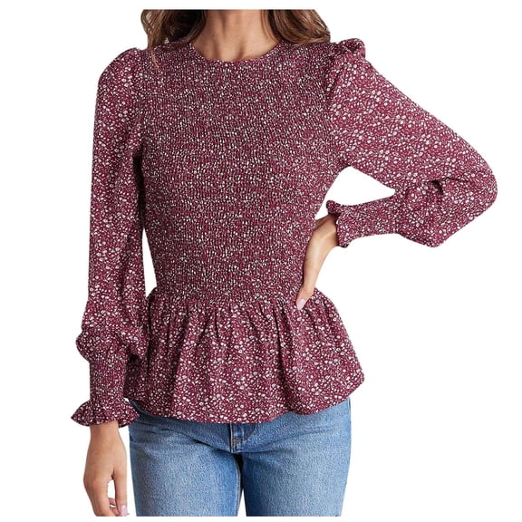 Odeerbi Shirts for Women Round Neck Floral Print Elastic Waist Pleated Bell Sleeves Lace Lap Long Sleeve Tops Coffee