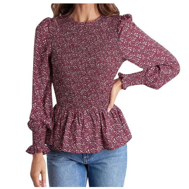 IROINID Liquidation T-Shirts à Manches Longues pour Femmes Col Rond Imprimé Floral Taille Élastique Manches Évasées Plissées Dentelle Manches Longues, Rouge