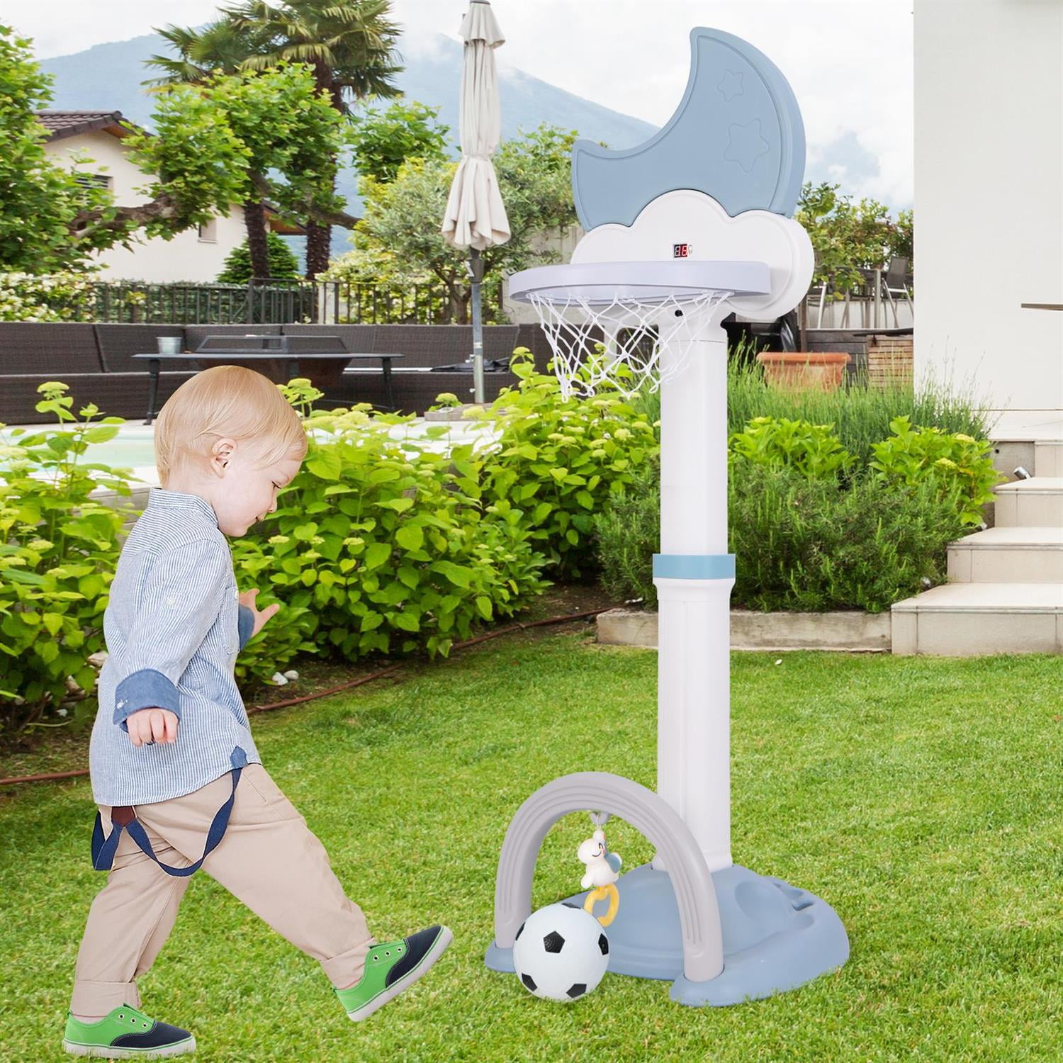 Demi Bonn 4-In-1 Basketball Hoop, Height-Adjustable Design, Electronic Scoreboard, Moon-Shaped Aesthetics, Indoor & Outdoor Play Set, Blue