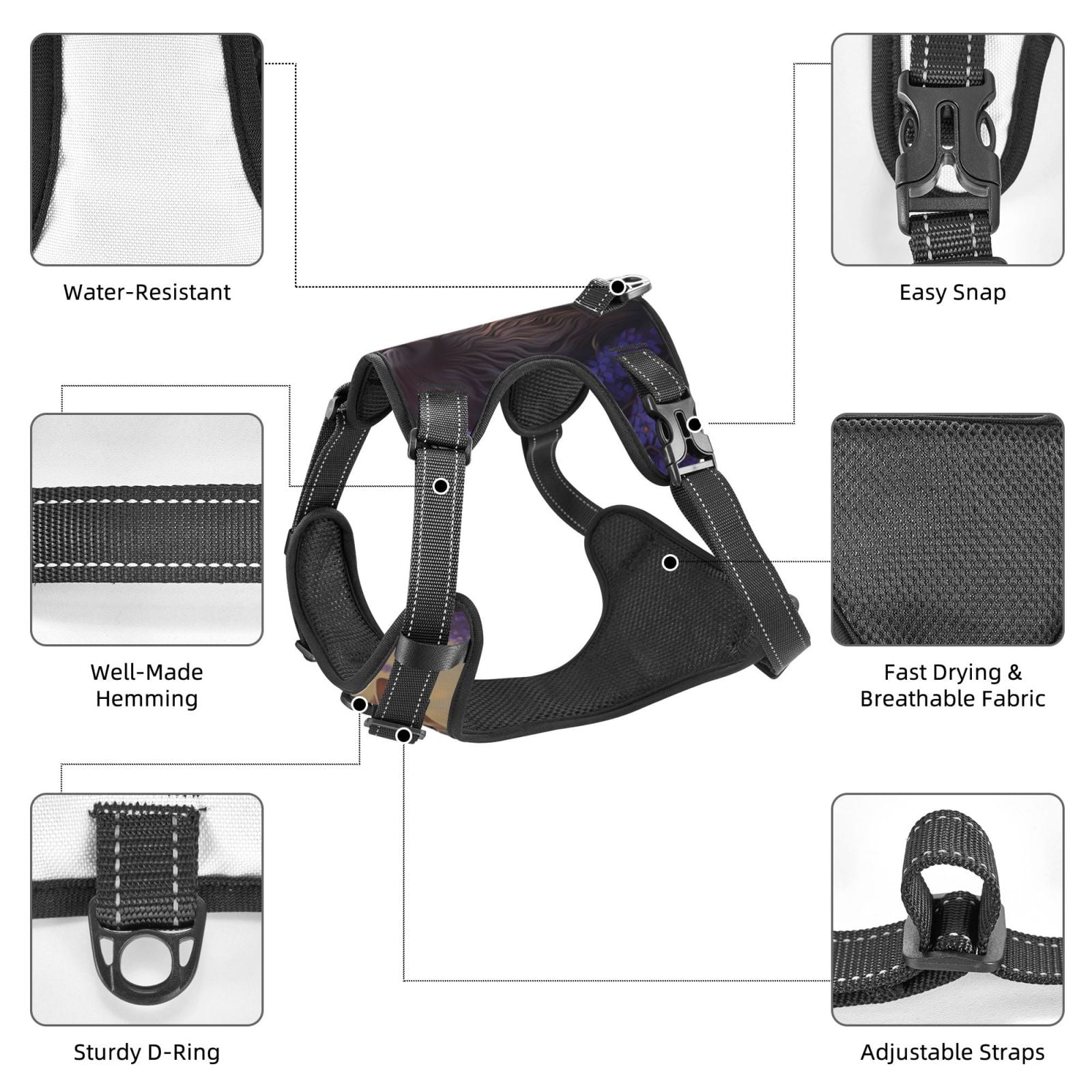 Vsdgher Purple Flower Lazy Cat Pattern Dog Harness,No Pull Pet Harness with Soft Padded Handle,Adjustable Reflective Vest with 2 Buckles,4 Slide Buckles,S-XL Large