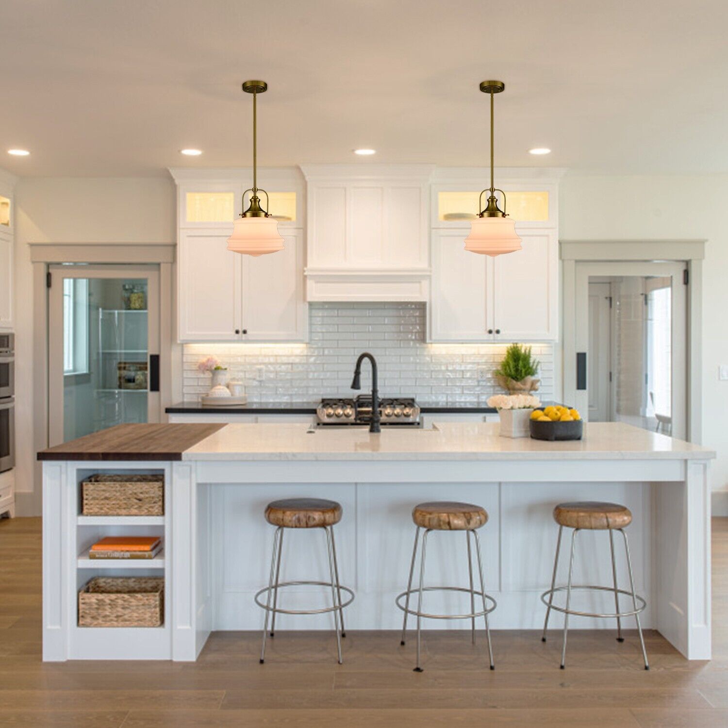Modern Schoolhouse Pendant Light Fixtures Brass Hanging Light Milky Glass