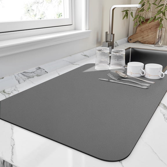 Deally Dish Drying Mat for Kitchen Counter - 16"x20" Heat Resistant Drainer Mats with Non-slip Rubber Backed, Hide Stain Kitchen Super Absorbent Draining Mat, Easy to Clean Dish Rack Pad, Dark Grey