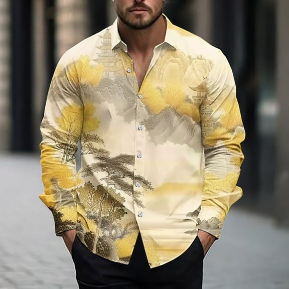 UVEASISHA Spring Sale Mens Boho Button Down Shirt Vintage Long Sleeve Summer Beach Shirts for Men Regular Fit Casual Lightweight Work Shirts Hawaii Shirt Yellow L