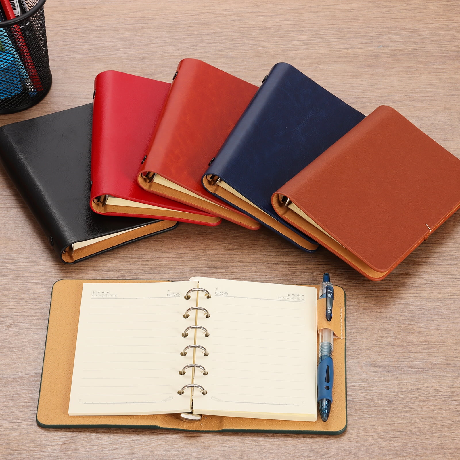6 Ring Binder Cover, 2 Pack A7 Leather Notebook Binder Mini Refillable Loose Leaf Personal Planner with 50 Sheets Line Paper, Green/Black