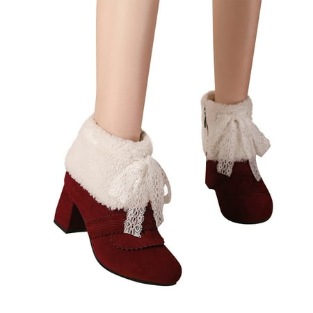 

ZXHACSJ Vintage Boots Short Boots Lace Up Thick High Heel Middle Boots Women s Short Boots Red 37