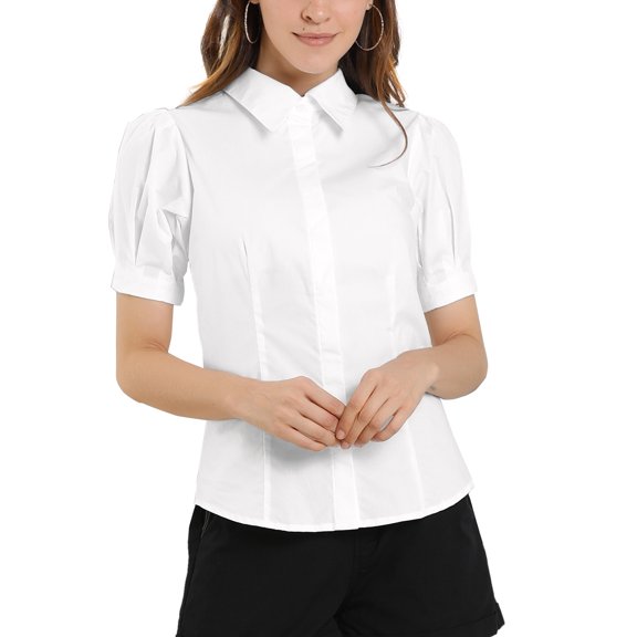 MODA NOVA Junior's Puff Sleeve Collared Cotton Button Down Shirts White XXL