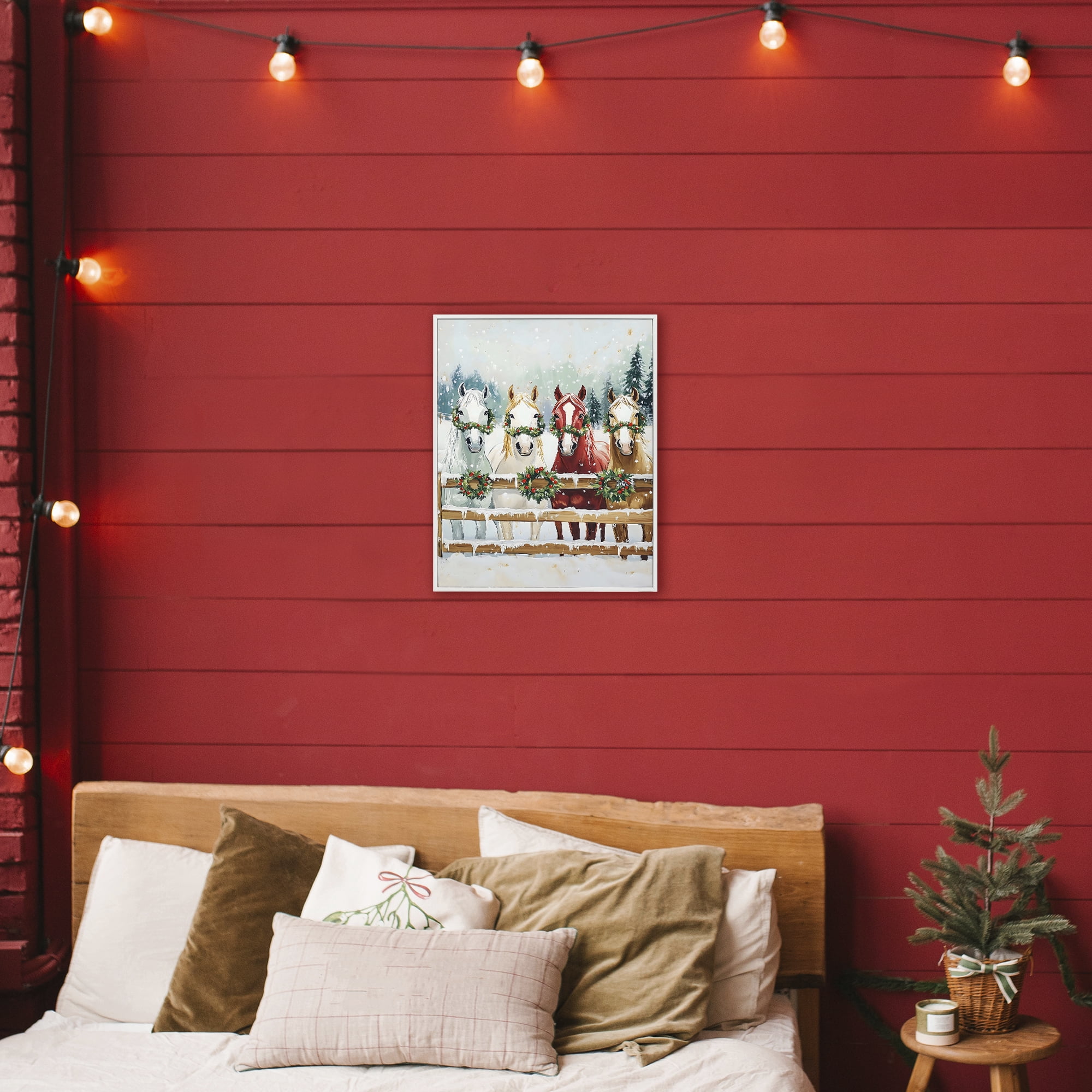 Stupell Industries Christmas Horses with Holly Wreaths White Framed Giclee Art, design by The Prints Vibe