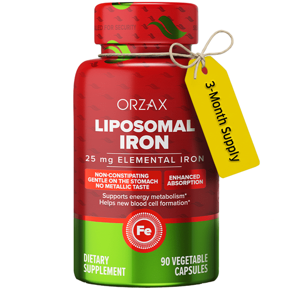 ORZAX High Absorption Iron Supplement, 25mg Elemental Iron, Blood Builder, 90 Vegetable Capsules