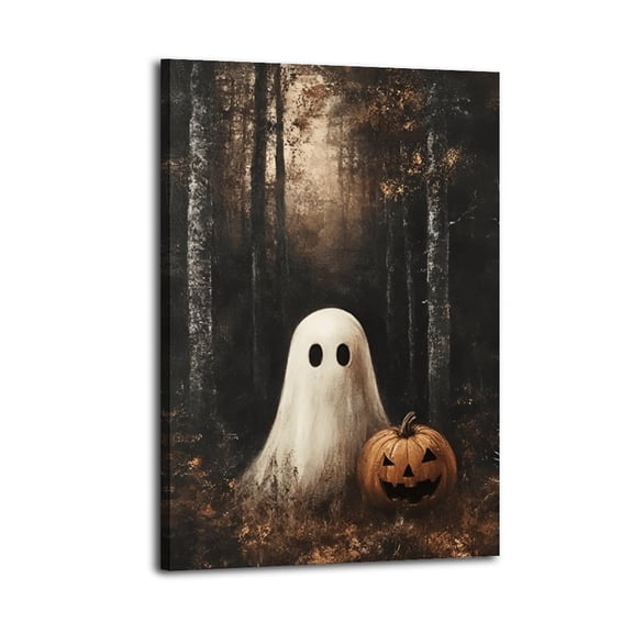 Framed Vintage Halloween Ghost Canvas Wall Art, Cute Ghost Pumpkin Wall Decor Paintings, Gothic Dark Academia Pictures,Indoor Halloween Home Decor,Ready to Hang Poster