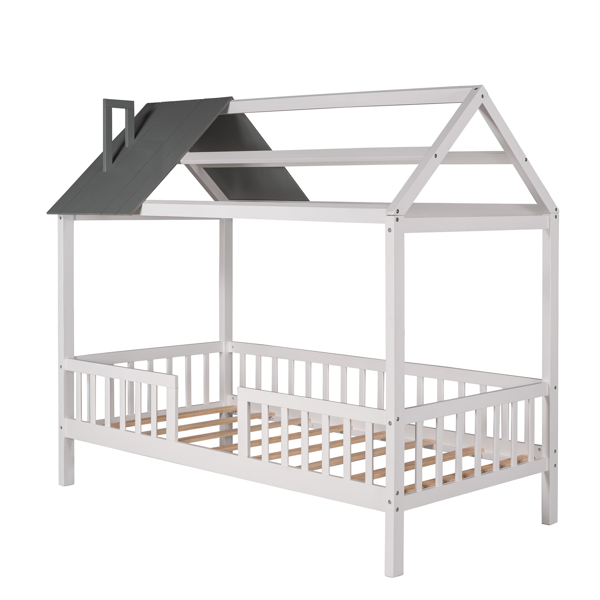 Bellemave Twin House Bed, Twin Size Wood Bed Frame with Roof and Fence, Montessori Beds Frame with Slats, No Box Spring Needed (White+Gray)