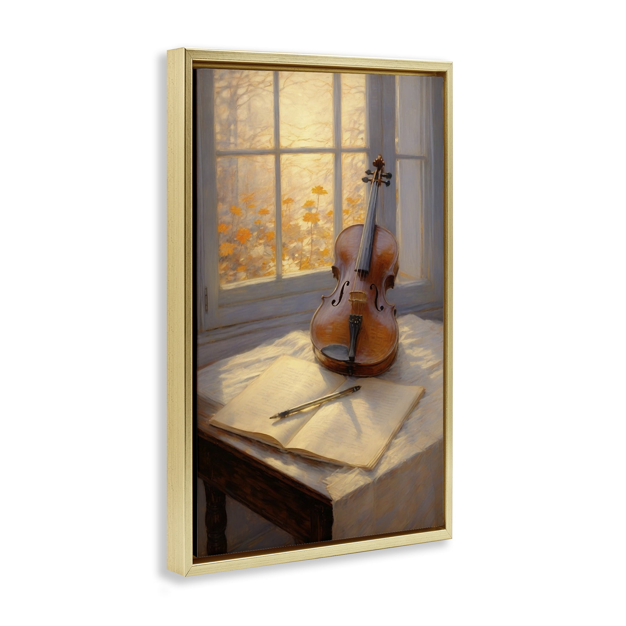 Stupell Industries Autumn Sunlit Violin Gold Framed Floater Canvas Wall Art, design by Angie Hawke