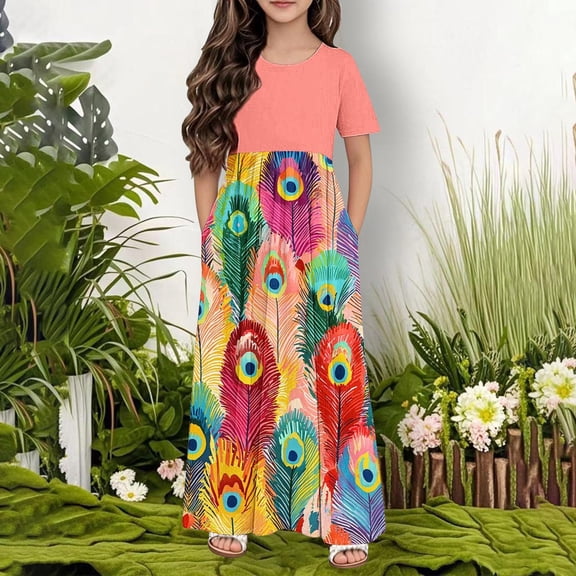 SGFCWSX Girls Short Sleeve Maxi Dress Kids Casual Vintage Print Crewneck A-Line Dress with Pockets for Summer Vacation Wear Pink Size 7-8 Years