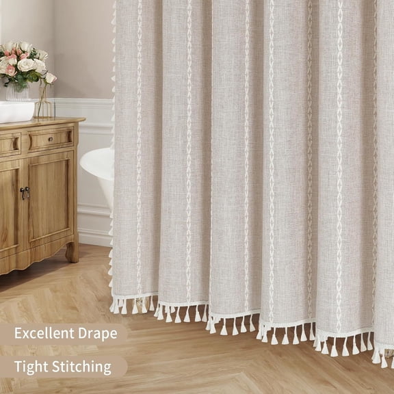 Farmhouse Fabric Shower Curtain, Tan Brown Modern Polyester Linen Shower Curtains for Vintage Rustic Bathroom Decor, Country Tassel Thick Cloth Shower Curtain, Taupe, 72 x 72
