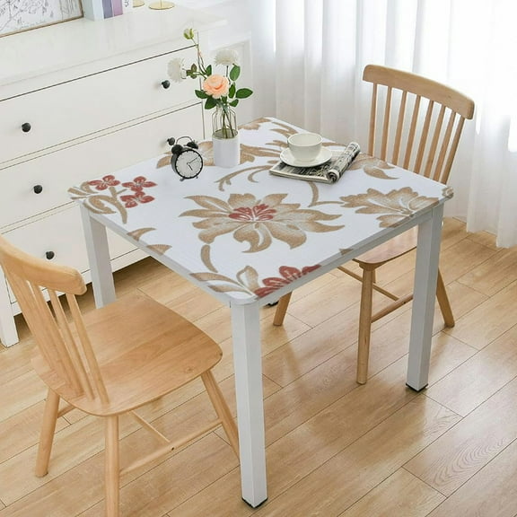 BANET  Square Fitted Tablecloth with Elastic Edge,  Waterproof Square Table Cover, Vinyl Flannel Backed Table Cloth Fits Square Tables for Dinner, Outdoor, Picnic, Khaki white