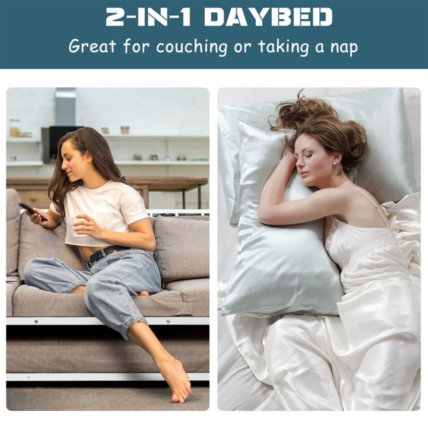 Demi Bonn Twin Size Daybed and Trundle Frame Set Trundle Bedframe, Modern Bed Frame for Teens, Steel