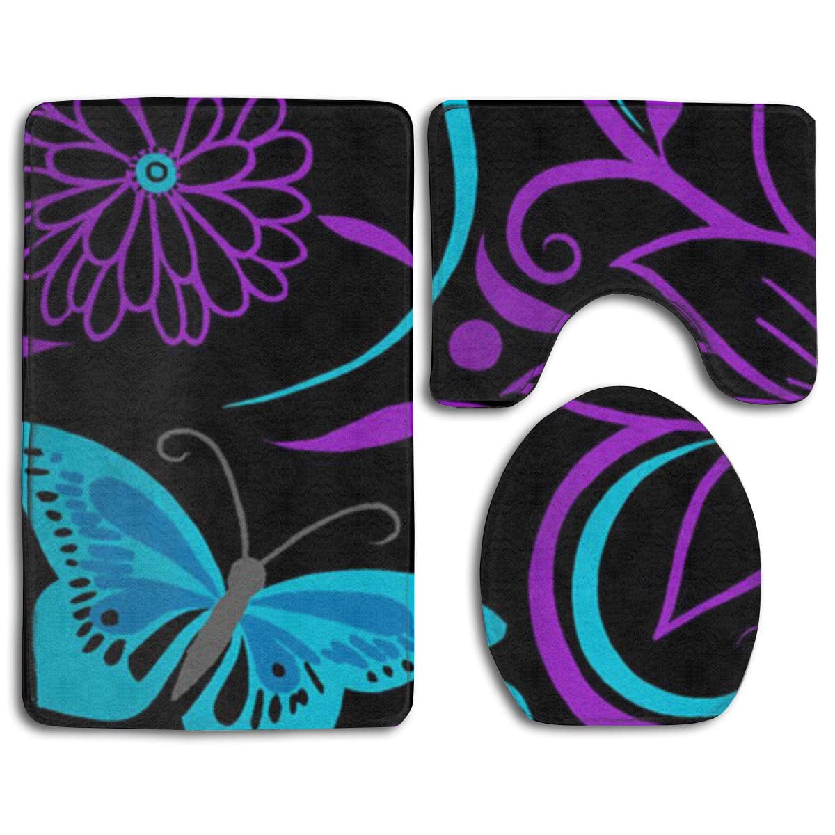 PUDMAD Purple Butterfly and Flower 3 Piece Bathroom Rugs Set Bath Rug
