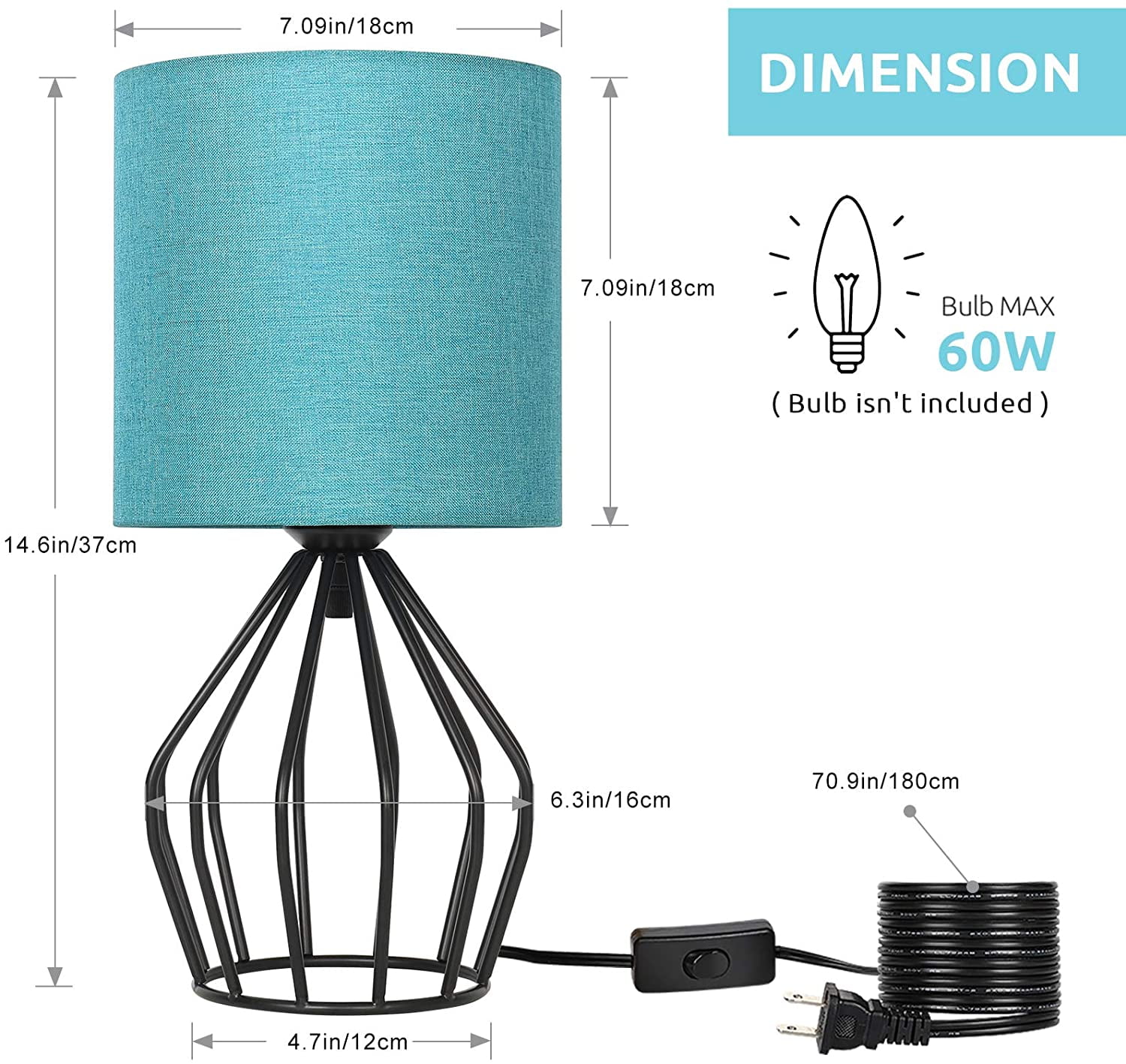 Oumilen Modern Table Lamp 14.6” -Light Black Metal Cage Table Lamp with Gray Fabric Shade