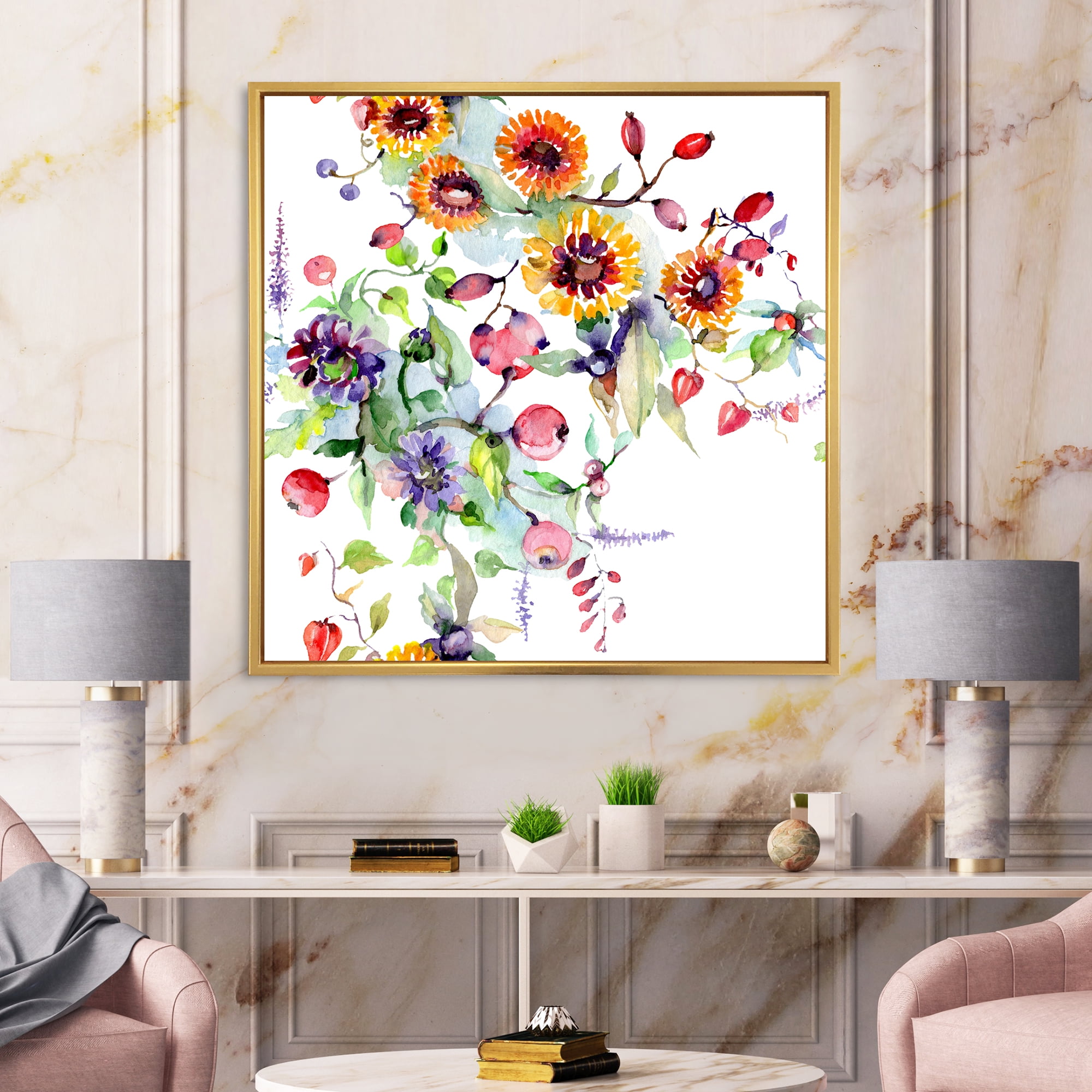 Designart 'Wildflowers and Vibrant Wild Spring Leaves XI' Modern Framed Canvas Wall Art Print