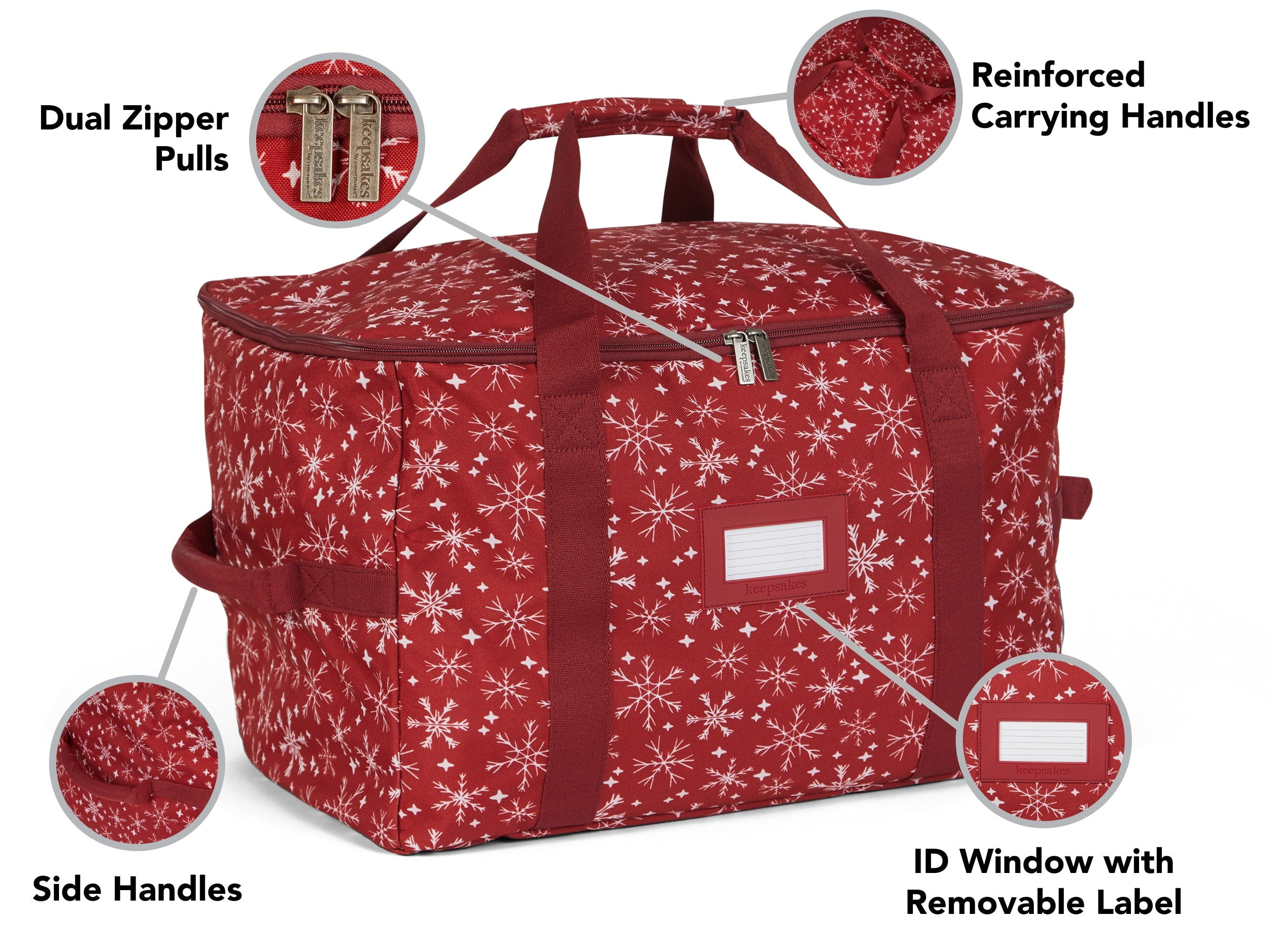 Covermates Keepsakes Treasurekeeper Storage Bag - Carrying Handles, ID Window - Holiday Storage, Red Snowflake
