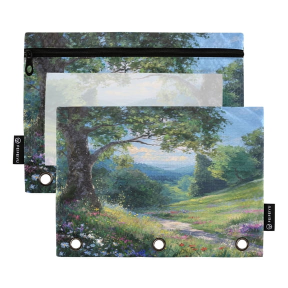 2 Pack 3 Ring Binder Pouch with Clear PVC Window Water Resistant Zipper Pencil Pouch Flower-covered Forest Paths Binder Pocket for Classroom Office Home Stationery Organization
