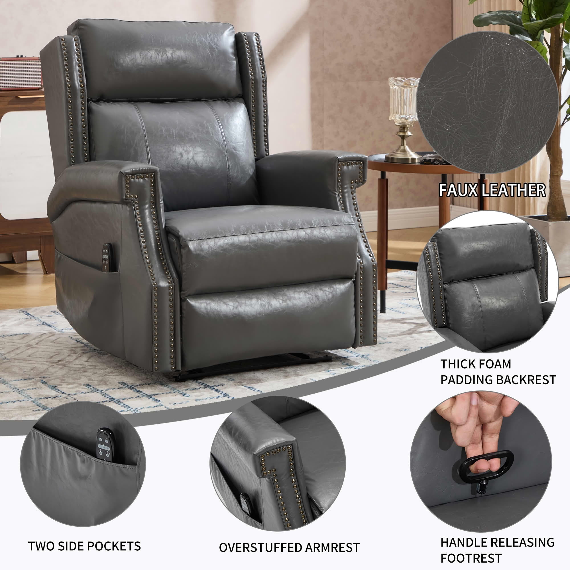 MAYEERTY Gray Faux Leather Manual Recliner Chair, 8 Nodes Massage Heat 155° 35"x38"x40" for Living Room