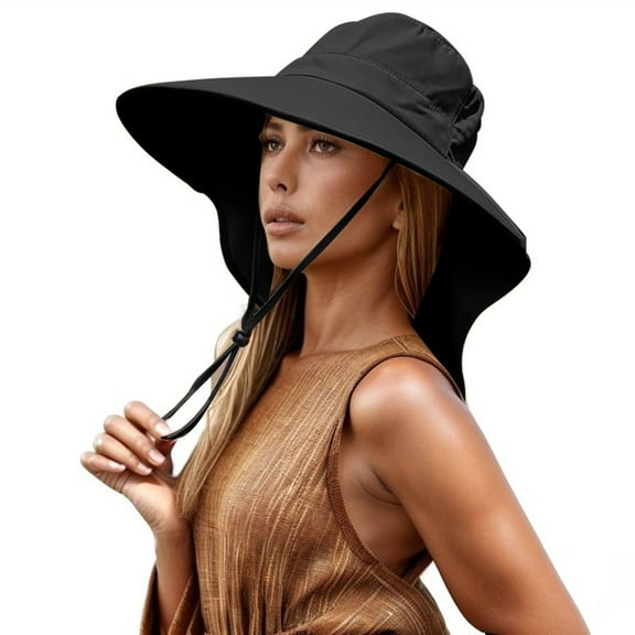 Fgnfyis UPF 80  Summer Wide Brim Sun Hat with Cape for Women Outdoor Gardening and Beach Black One Size