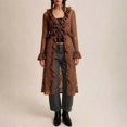 thumbnail image 2 of COMVALUE Women Lace Mesh Tie Front Maxi Top Ruffled Long Sleeve Sheer Cardigan See Through Flowy Kimono Cover Up Shirt Coffee for Size M, 2 of 9
