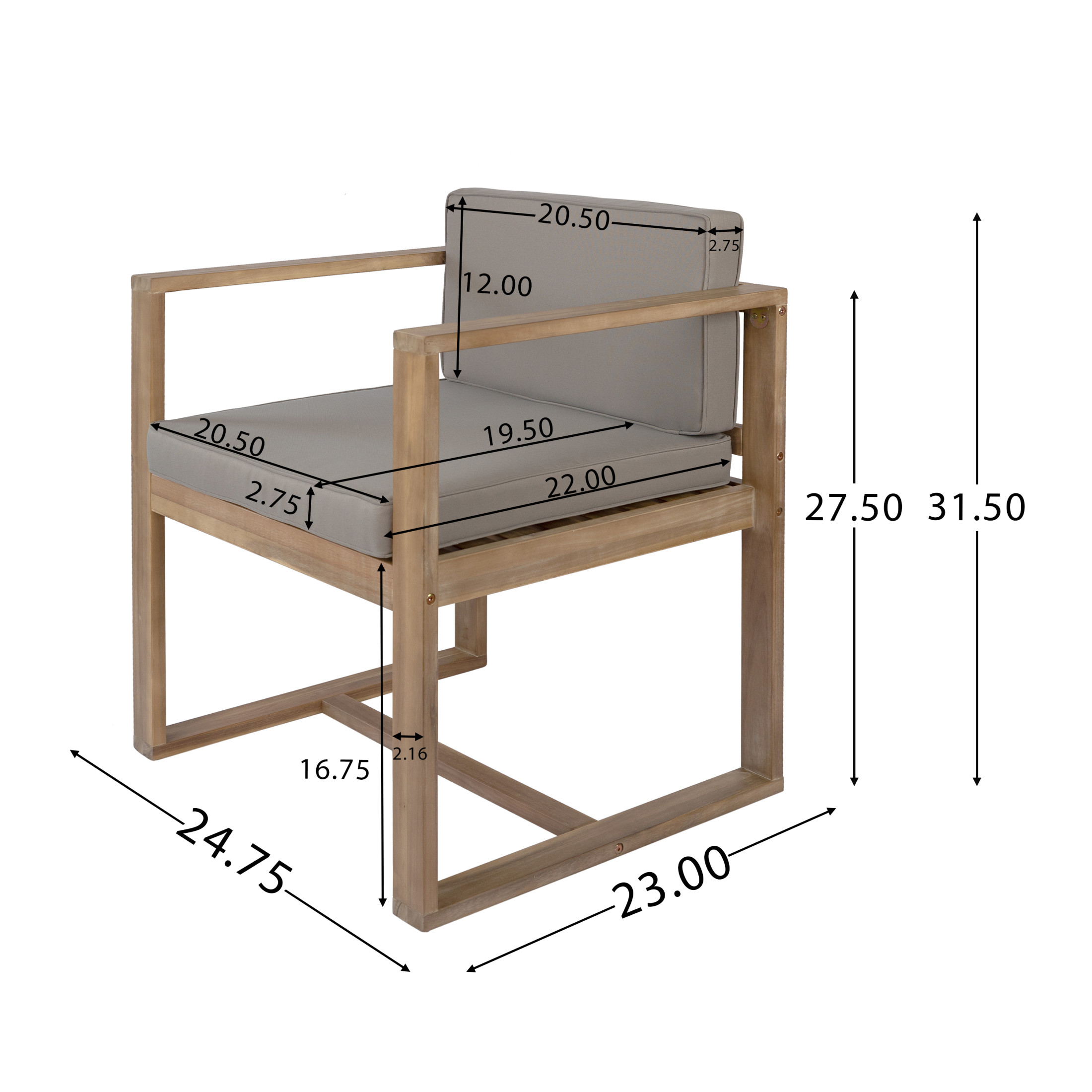 Velora Modern Outdoor Patio Dining Chairs with Cushions, Acacia Wood, Light Brown, Set of 2