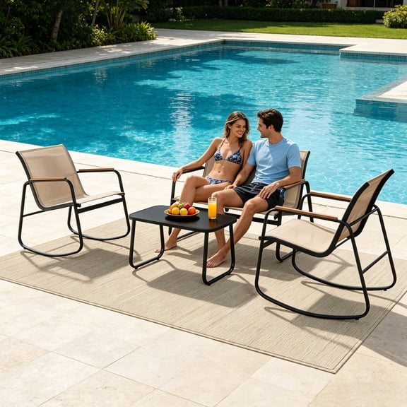 Uforic 4-Piece Outdoor Patio Furniture Set, Textilene Rocking Bistro Conversation Set with Loveseat, Glass Top Table for Garden Balcony Backyard,Brown