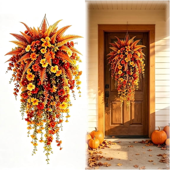 2Pcs Artificial Fall Harvest Hanging Basket –30'' Lifelike Autumn Flowers, Trailing Vines, Maintenance-Free Indoor/Outdoor Porch Thanksgiving Decor