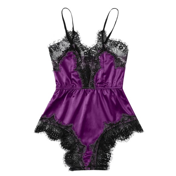 Zjloe7sa Ensemble de Lingerie pour Femme Soutien-Gorge en Satin Dentelle Lingerie sous-Vêtement Pyjama une-Pièce Justaucorps Babydoll Violet