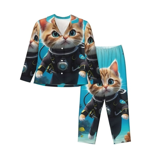 Balery Underwater Diving Cat Conjunto de Pijama con Estampado para Mujer, Conjunto de Dos Piezas con Manga Larga, Ropa de Dormir Suave con Bolsillos, Pijamas Cómodos-Large