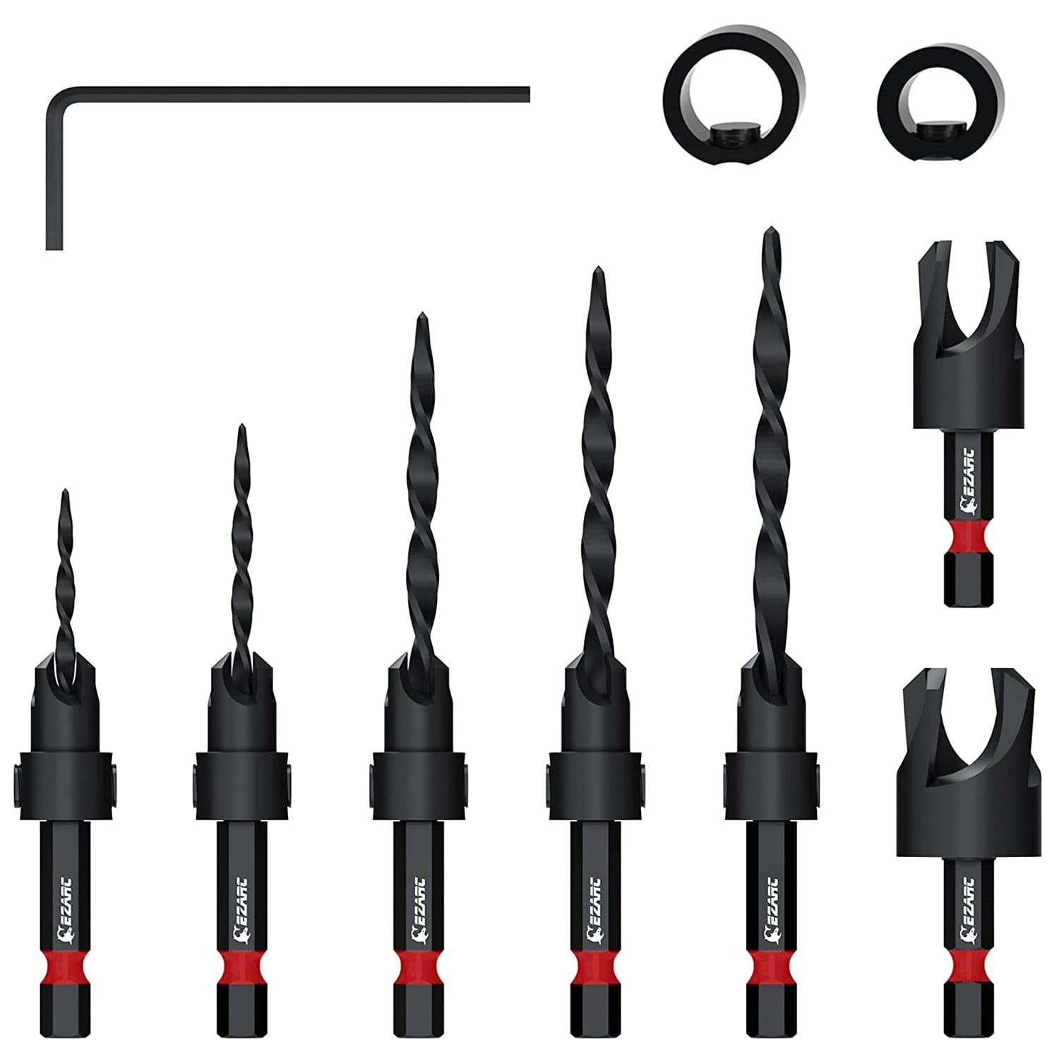 EZARC Wood Countersink Drill Bit Set, 4, 6, 8, 10, 12 Tapered Drill Bits, with 1/4" Hex Shank, Counter Sinker Set for Woodworking and Carpentry