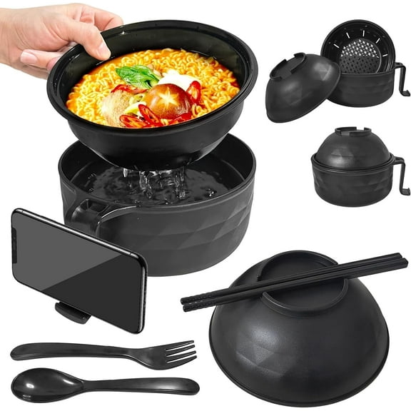Ramen Bowl Set, Microwave Instant Noodles Bowl with Chopsticks Spoon, College Dorm Room Essentials, Black