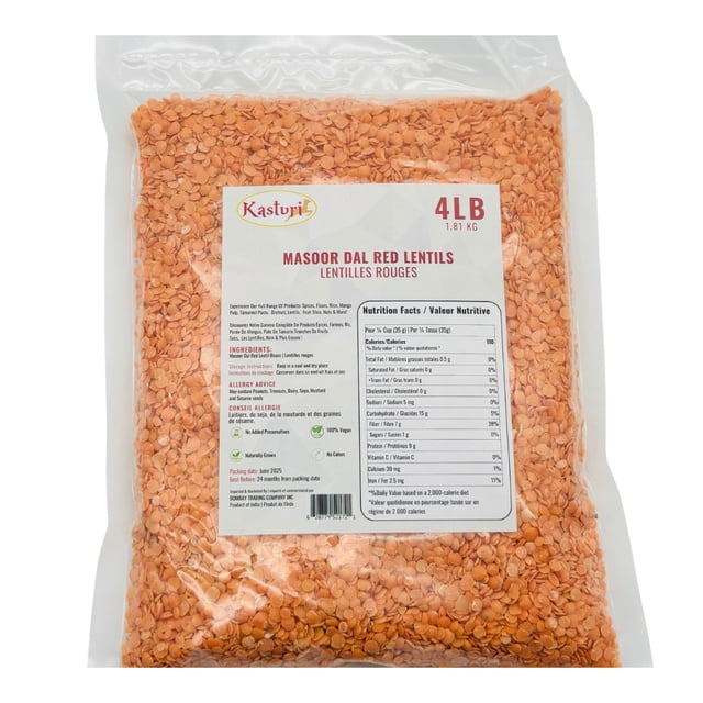 Kasturi Masoor Dal Lentilles Rouges Gramme Décortiqué – Véganes non-OGM Non Polies Lentilles Riches en Protéines pour la Cuisson, les Soupes, les Currys, les Repas Quotidiens et une Alimentation Saine (4 Lb /1,81 kg /64 Oz)