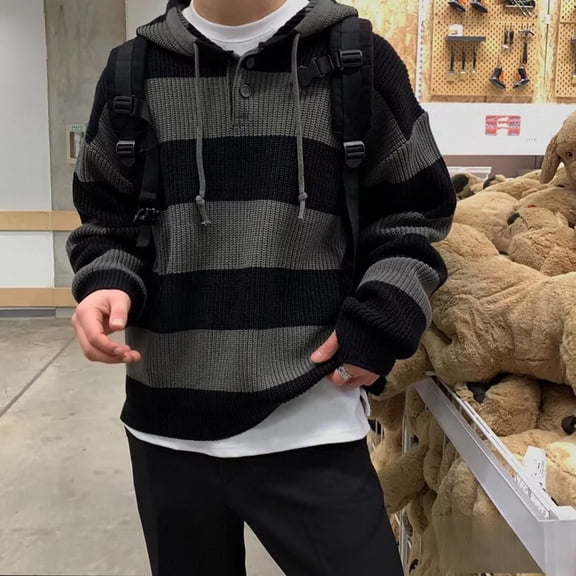RUTAYY Men's Hoodie Contrast Stripe Graphic Button Collar Oversized Fit Everyday Outer Pullover Black
