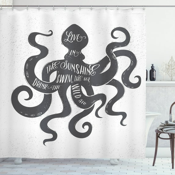 Quote Shower Curtain, Live in the Sunshine Swim the Sea Drink the Wild Air Message on Octopus, Fabric Bathroom Set with Hooks, 69W X 70L Inches, Charcoal Grey White, by Ambesonne