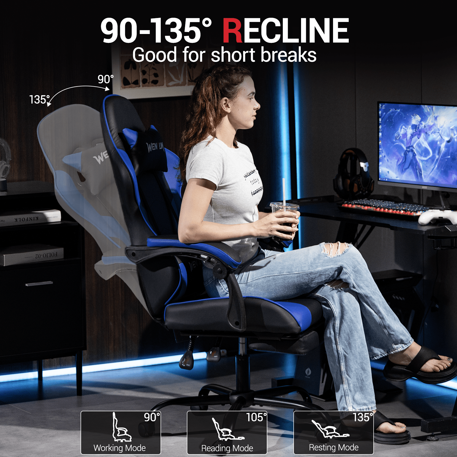 WENTUM Ergonomic Reclining Gaming Chair with Linkage Armrests & Footrest, Racing Office Chair, PU Leather Computer Desk Chair, Blue