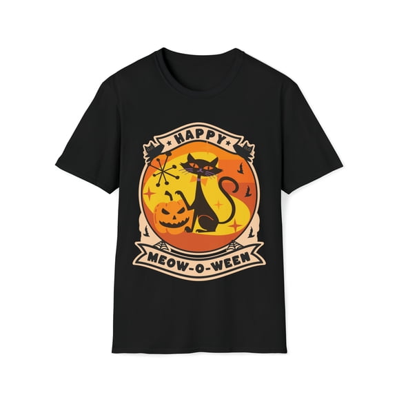 Adult Womens Retro Groovy Happy Meow-o-ween Black Cat Halloween T-Shirt