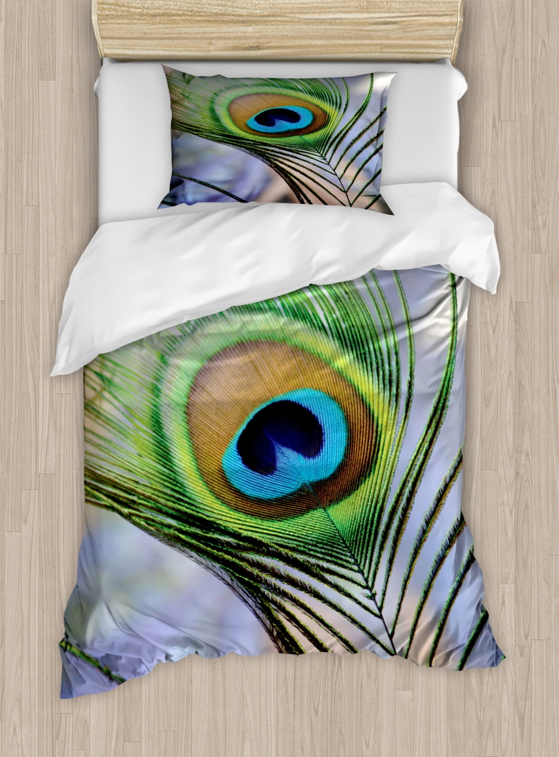 Peacock Duvet Cover Set Twin Size, Trees Birds and Feather Wildlife