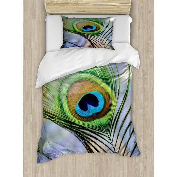 Peacock Duvet Cover Set Twin Size, Trees Birds and Feather Wildlife Colorful Tropical Animals Blurred Print Nature, Decorative 2 Piece Bedding Set with 1 Pillow Sham, Multicolor, by Ambesonne