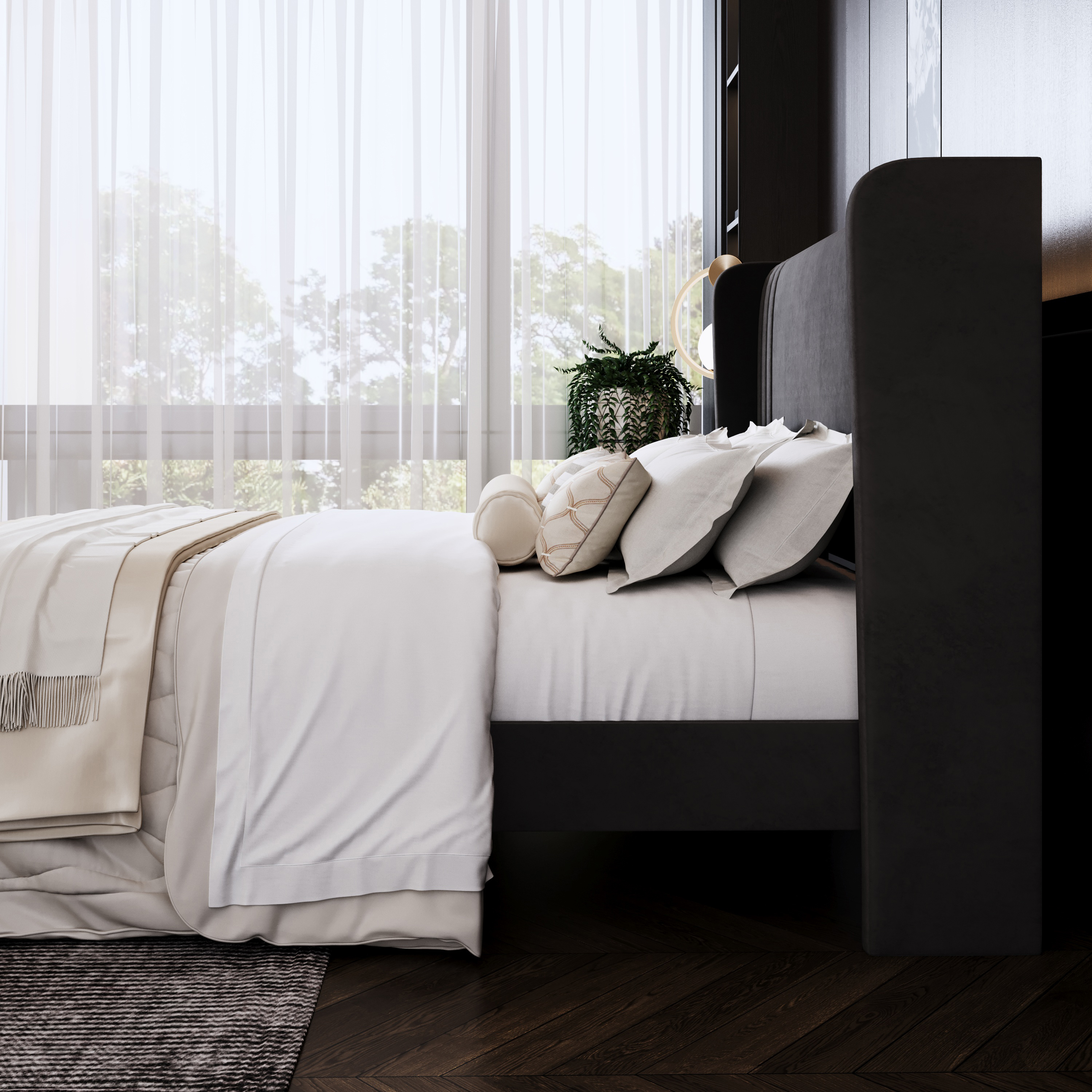 Amolife Queen Size Bed Frame, Velvet Platform Bed with Upholstered Wingback Headboard, No Box Spring Needed, Black