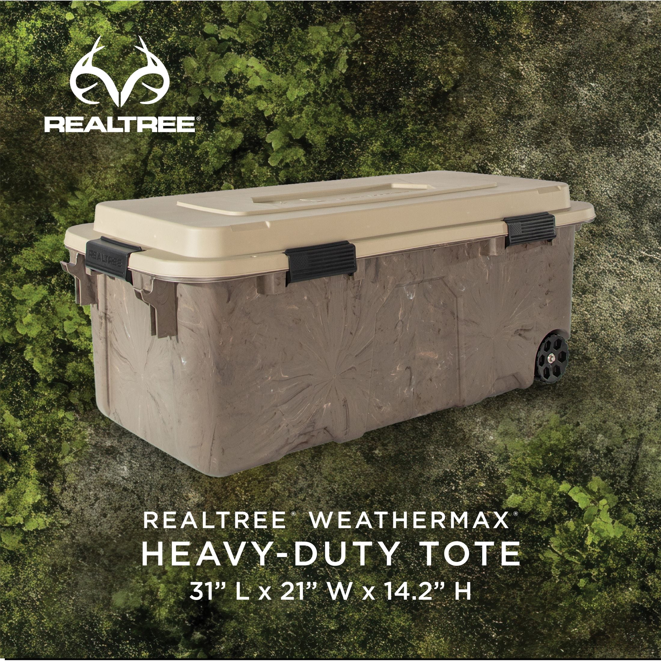 Realtree® WEATHERMAX™ 31 Gallon Marbled and Tan Wheeled Storage Tote with Latching Lid, Heavy Duty Plastic Storage Bin